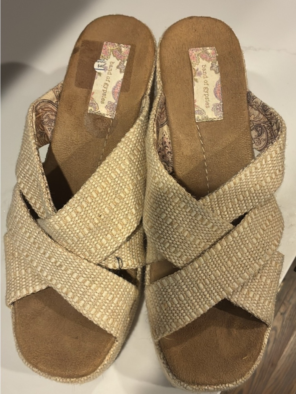 Band of Gypsies Natural Beige Woven Crossband Slide Mules